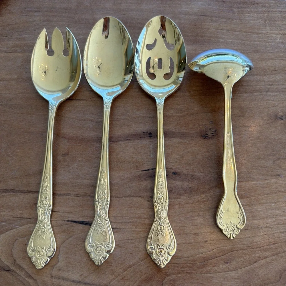 4 Pc Rogers Serving Pieces‎ Gold Plated Pavilion Flatware Stainless Korea
